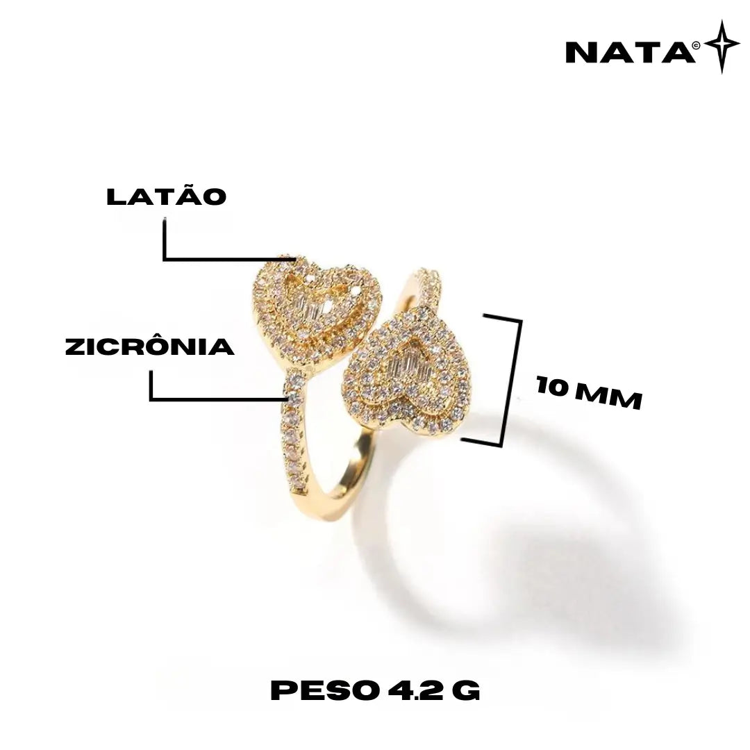 Anel Coração Duplo com Zicrônia Regulável - NATA