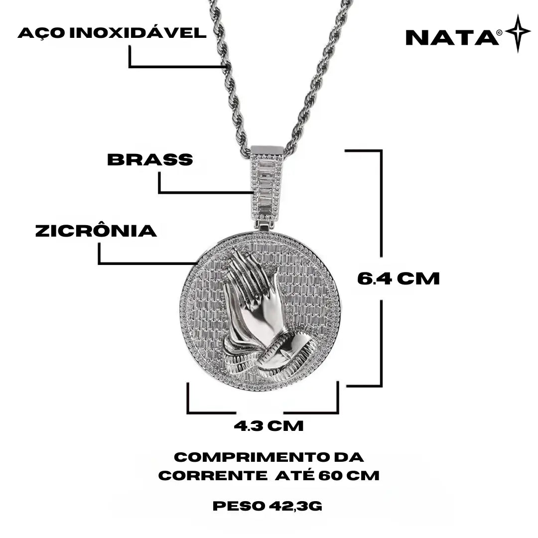 Pingente Medalhão Oração Cravejado + Corrente - NATA