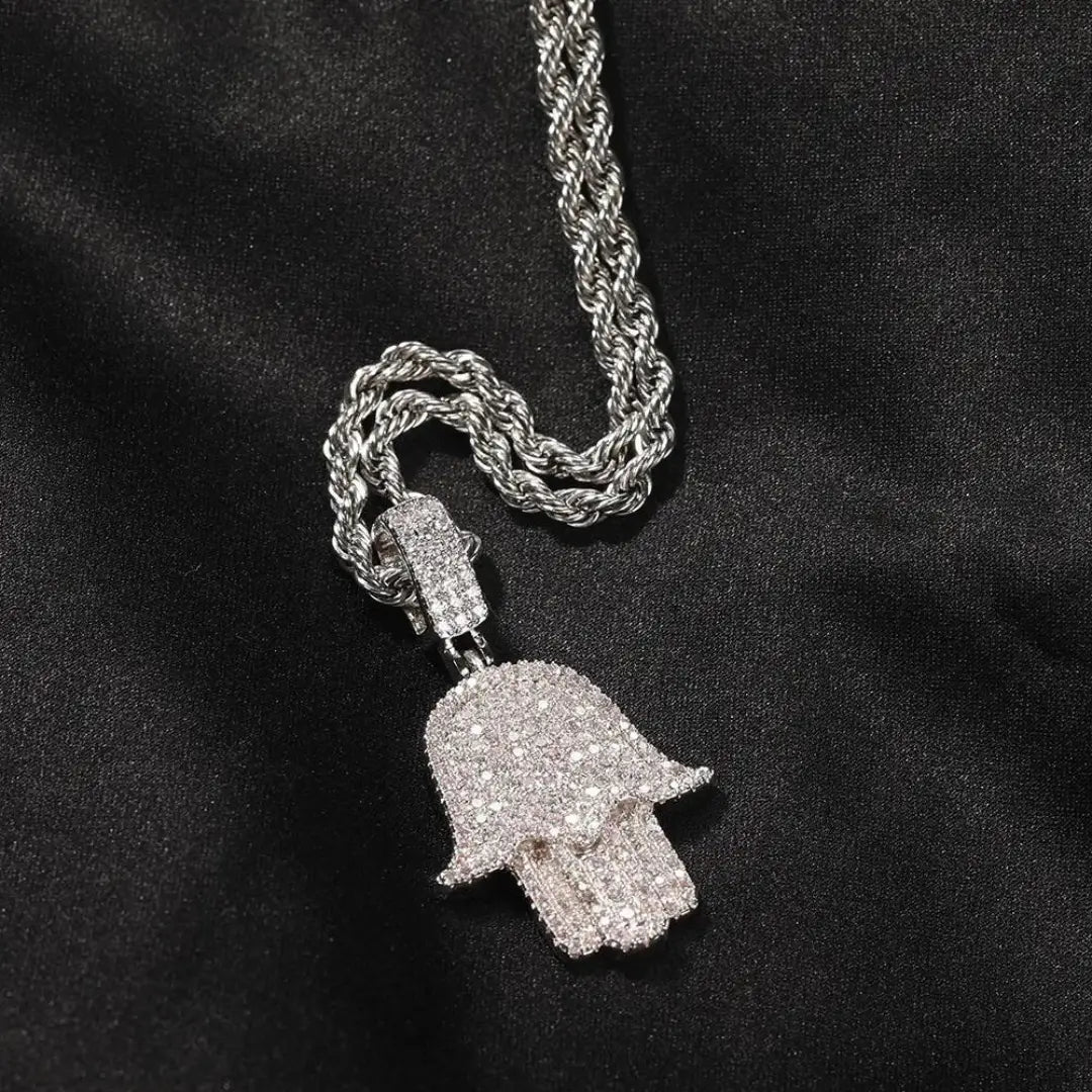 Pingente Hamsá Mão de Fátima Cravejado + Corrente - NATA