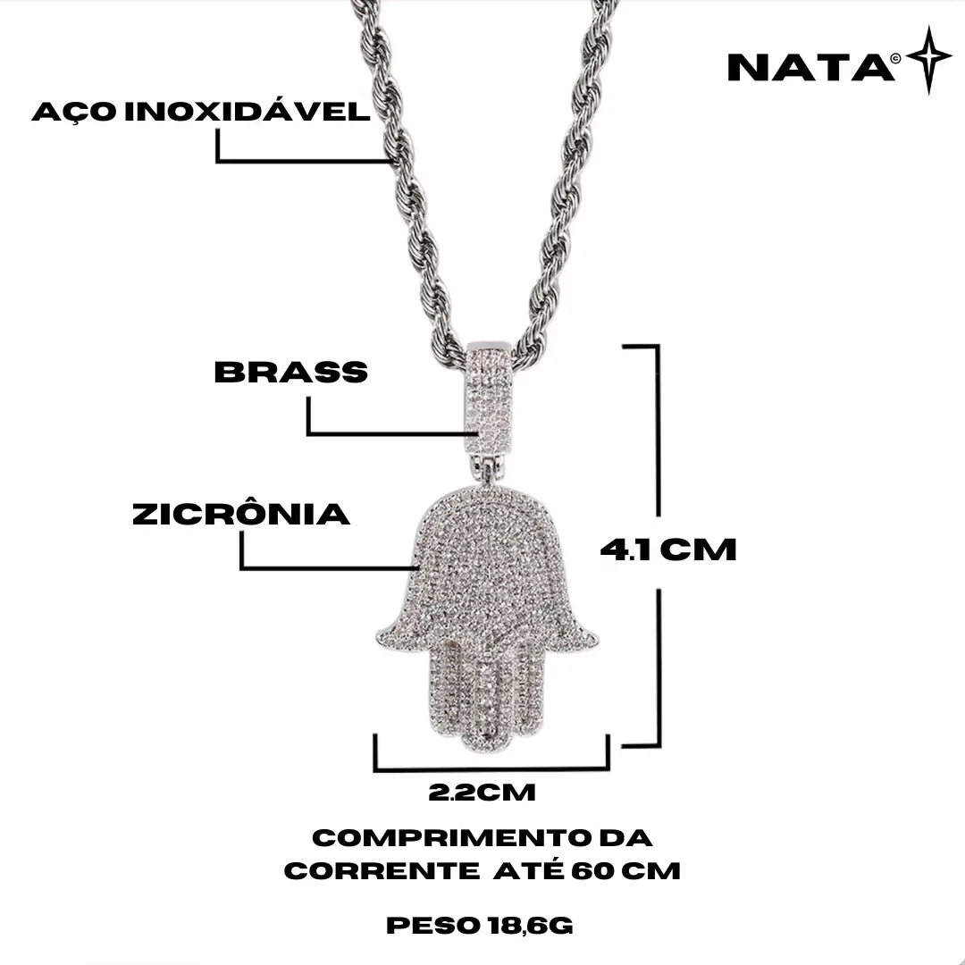 Pingente Hamsá Mão de Fátima Cravejado + Corrente - NATA