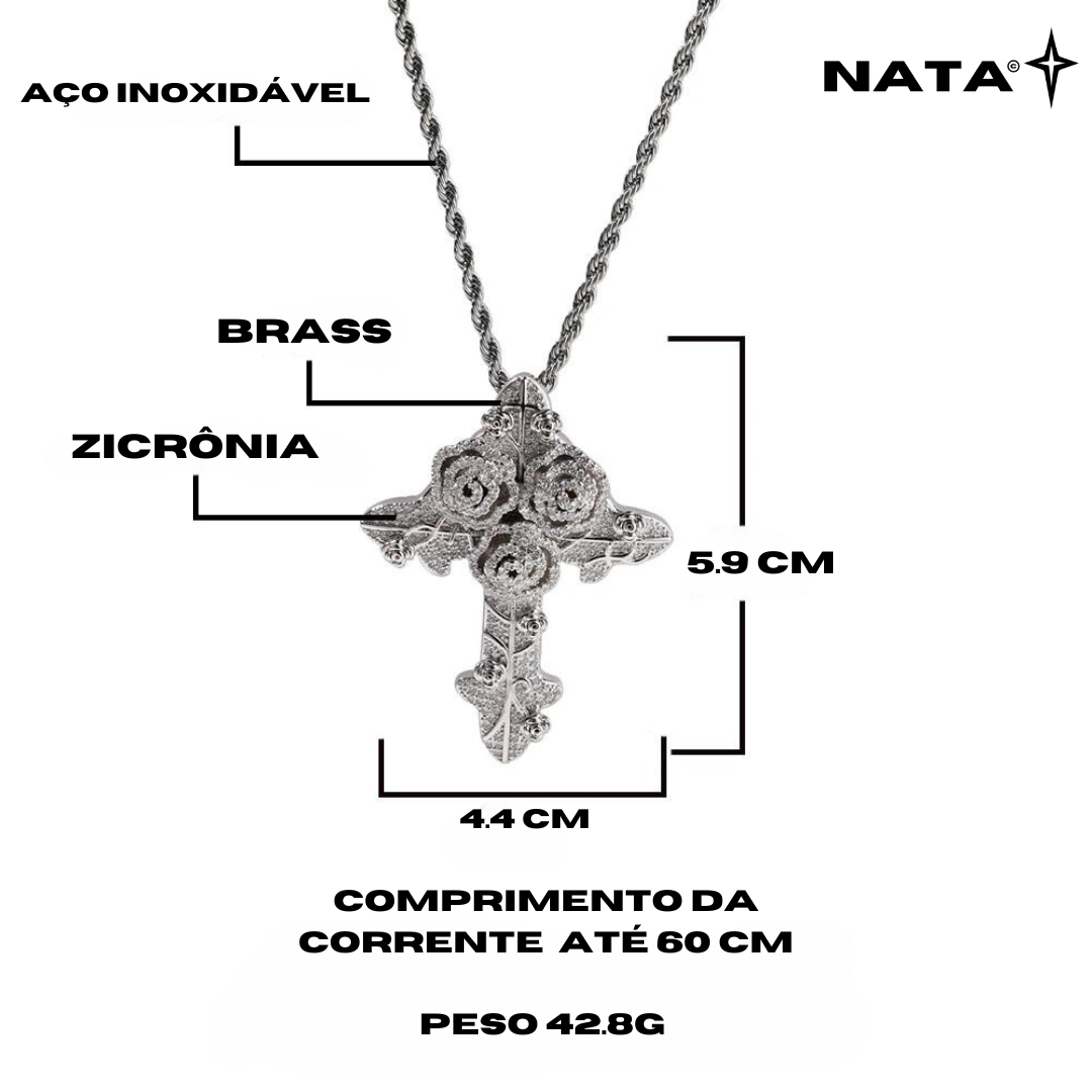 Pingente Cruz de Rosas Cravejado + Corrente