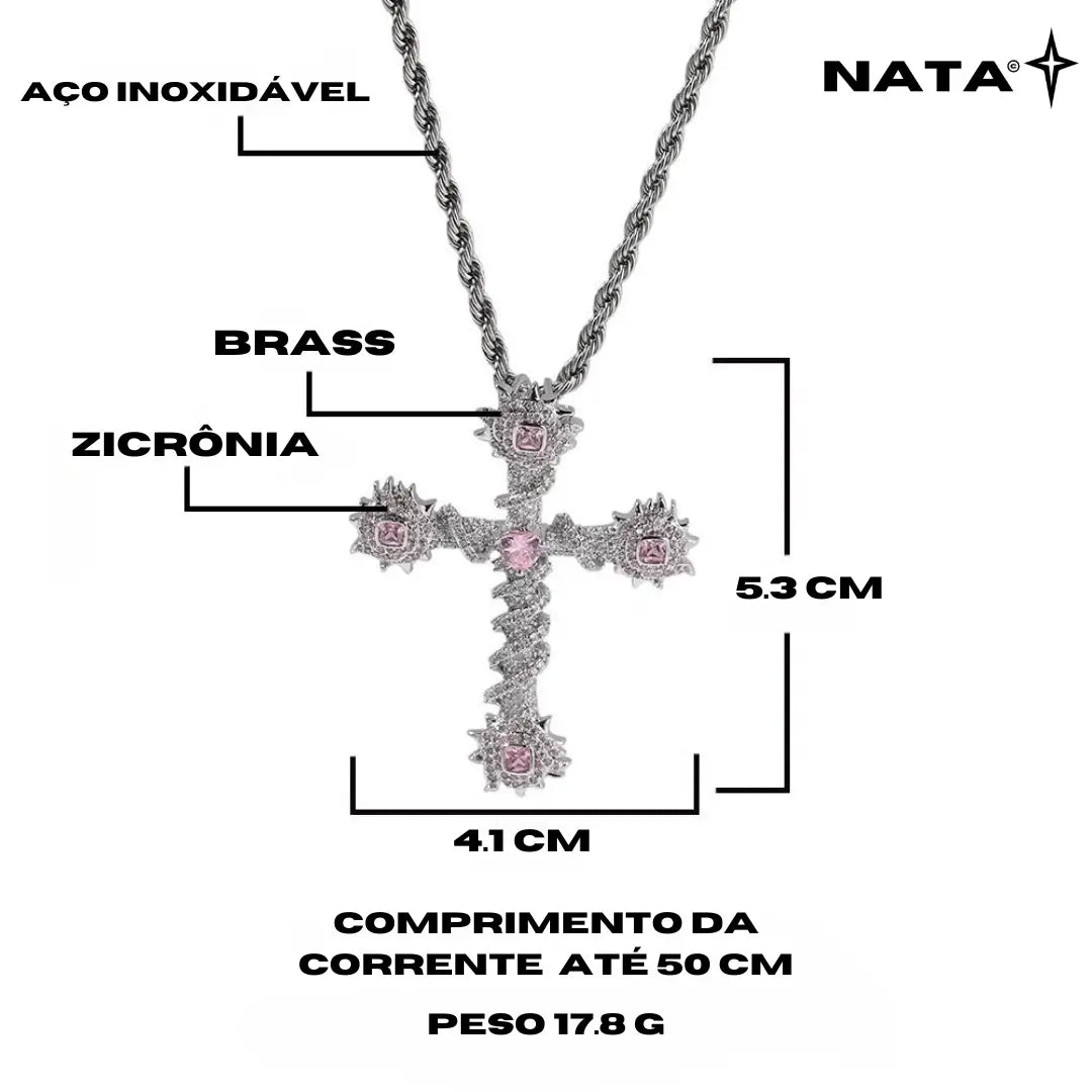 Pingente Cruz de Espinhos Cravejada + Corrente - NATA