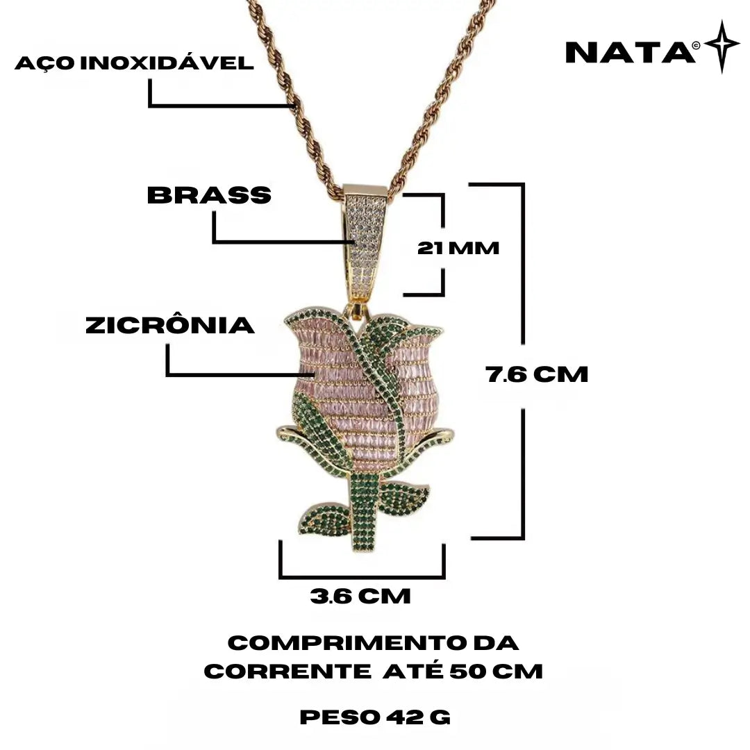 Pingente Flor de Rosa Cravejada + Corrente - NATA