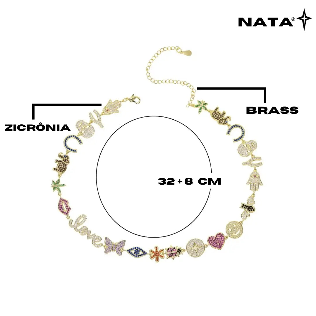 Corrente Colorida Cravejada Multi Pingente - NATA