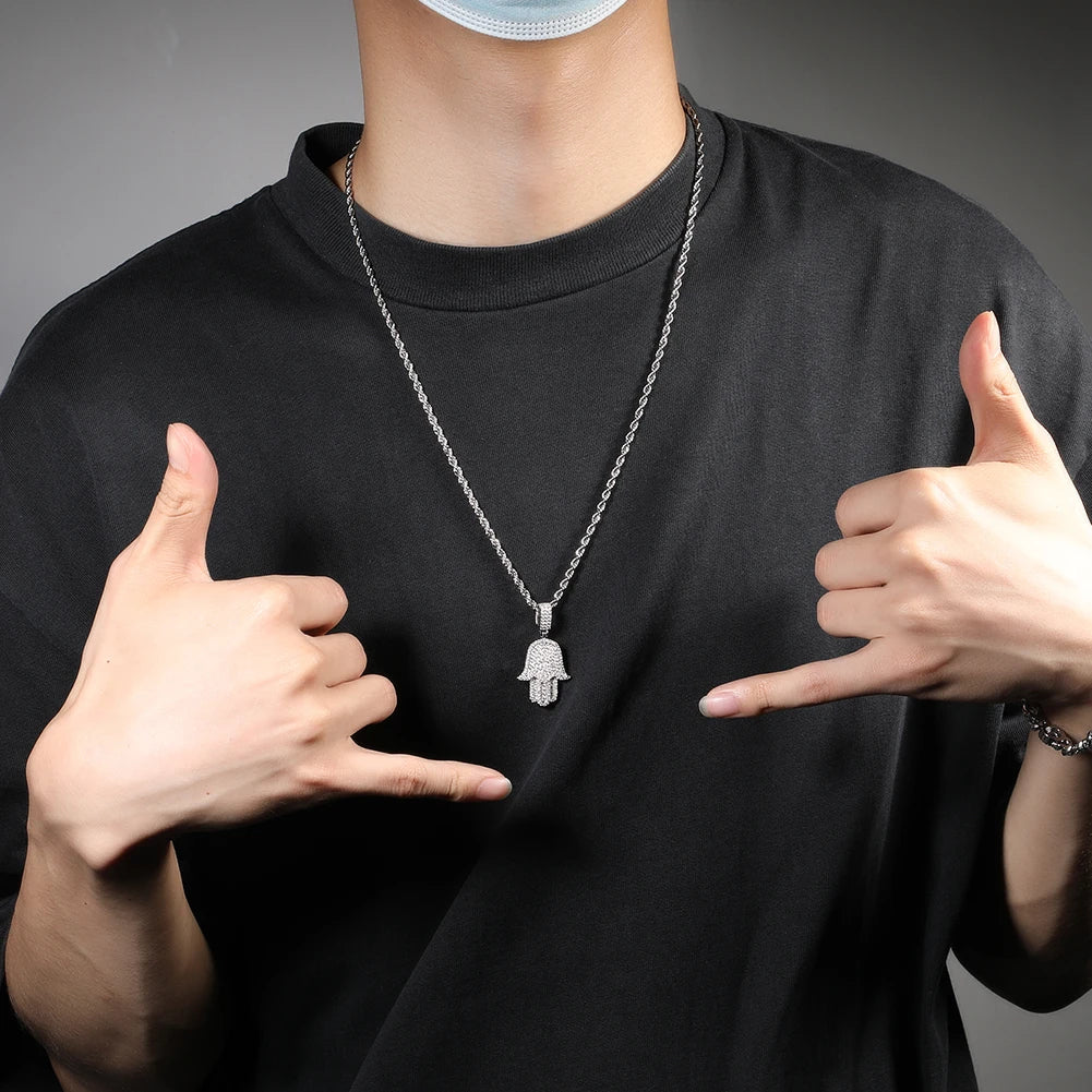 Pingente Hamsá Mão de Fátima Cravejado + Corrente - NATA