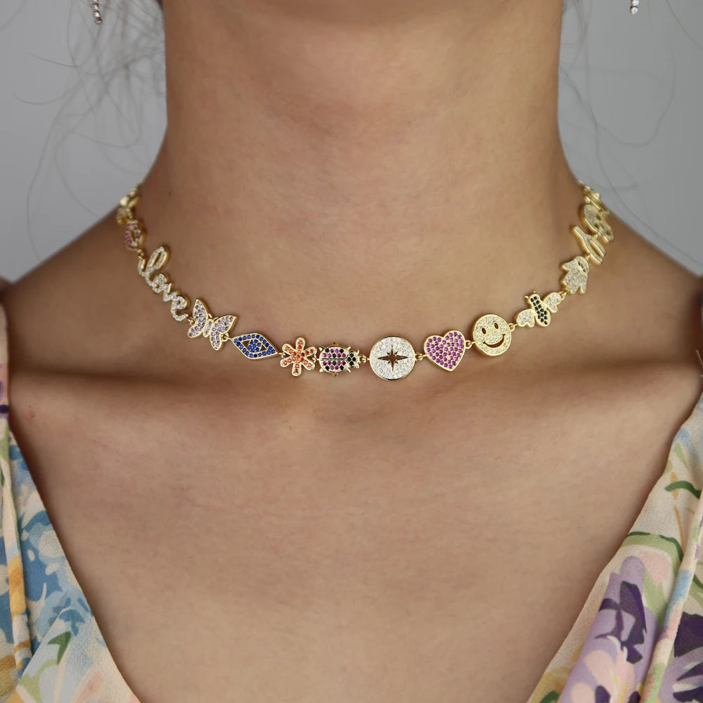 Corrente Colorida Cravejada Multi Pingente - NATA