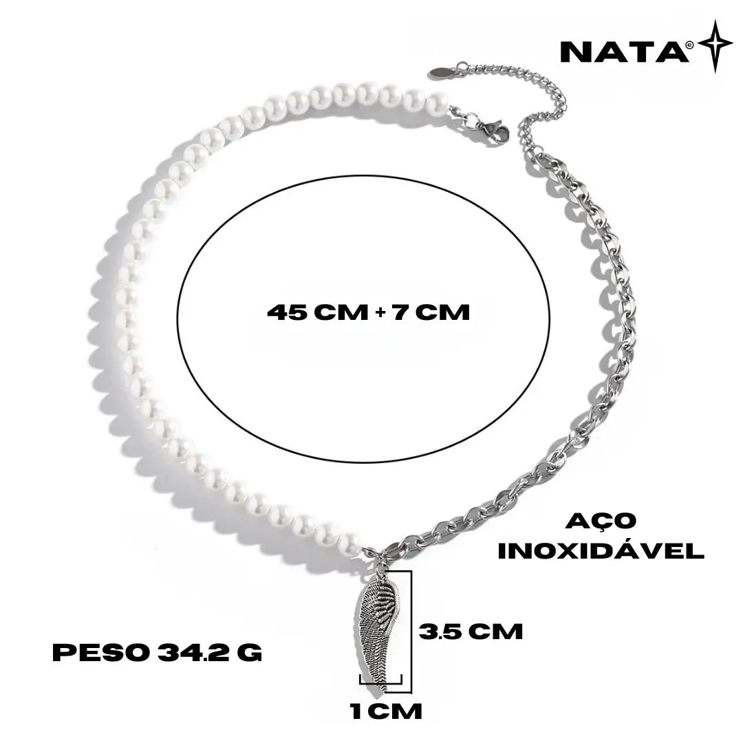 Corrente Mix Pérolas e Aço Inoxidável + Pingente Asa - NATA